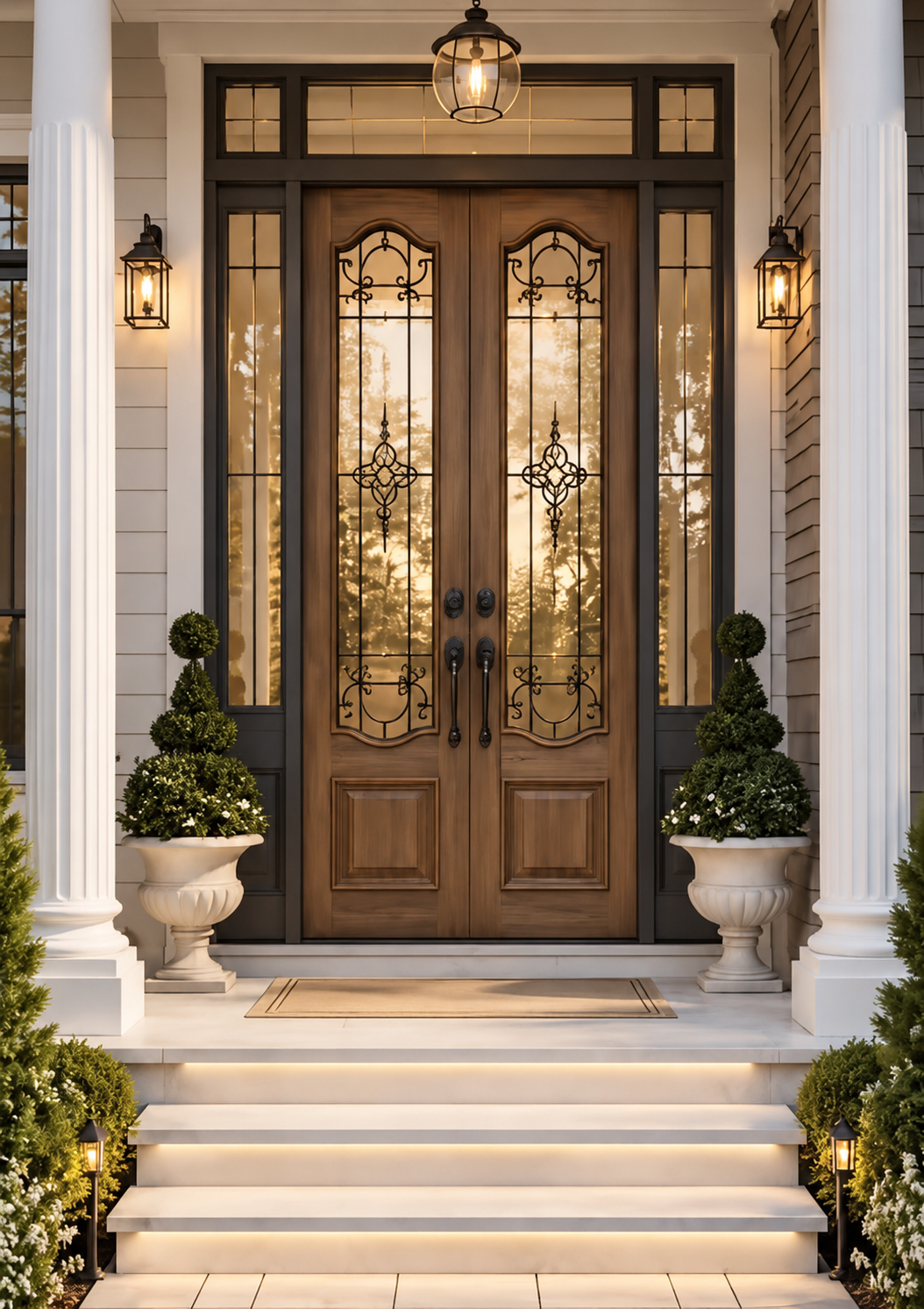 Elegant timber double entrance doors with decorative glazing